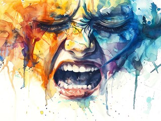 A watercolor painting of a woman's face. She is screaming with her eyes closed. Her face is contorted in pain. The colors are bright and vibrant.