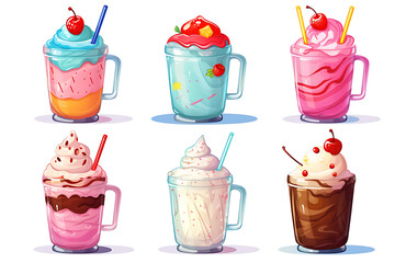 Illustration of a set of different types of milkshakes on a white background