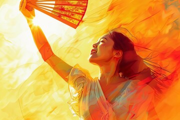 woman waving hand fan to cool herself during menopause hot flash health concept digital painting