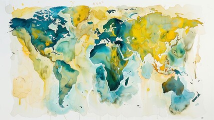 A watercolor painting of the world map in blue and yellow. The painting has a modern and abstract feel.