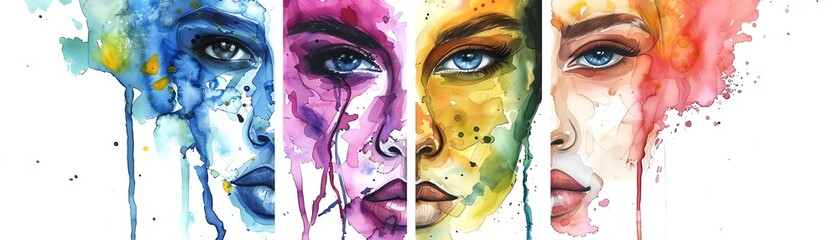 A beautiful watercolor painting of four women's faces