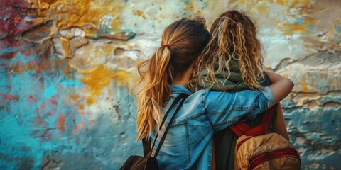 Two young girl embracing in front of a vibrant graffiti wall, showcasing urban friendship, banner,...