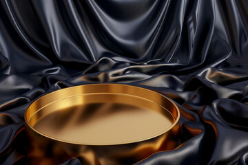 golden plate on a black background, Surrounding the golden podium, a backdrop of sumptuous black silk sets the stage for the scene