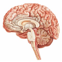 Anatomical Brain Illustration Showing Detailed Cross Section and Internal Structures on a White