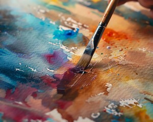 Fototapeta premium An artist's brush is dipped in paint and then used to paint on a canvas. The canvas is already covered in various colors of paint.