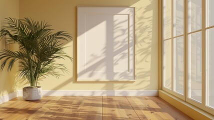 Empty blank frame on a wall in a cozy loungeroom scene with hardwood floors white walls texture background.