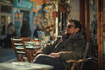 Obraz premium portrait of a man, guy chilling at the terrace of the coffee shop dynamic angle, spring, summer, after work, break
