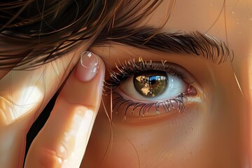 young woman putting in or removing contact lens closeup digital illustration - Powered by Adobe