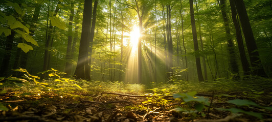 Sunlight shining through vibrant green forest in summer