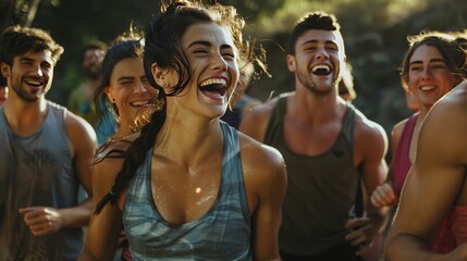 Portray the vitality of a group of friends participating in a fun outdoor fitness boot camp, laughing and encouraging each other. - Powered by Adobe
