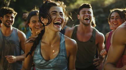 Portray the vitality of a group of friends participating in a fun outdoor fitness boot camp, laughing and encouraging each other.