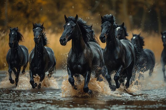 joyful image of a herd of black horses running through the river, water dynamic angle, 