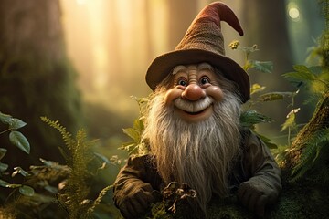 Gnome - kind guardian of the forest looks at the camera smiling. The fairy-tale character is encountered only by the most daring and responsible visitors to the forest. Close-up portrait.