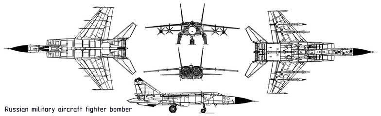 Drawing of russian military aircraft fighter bomber.
General view of a war plane.
Top, front, bottom views with rockets. Cad scheme.