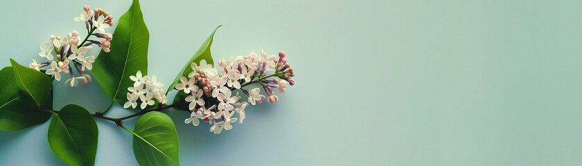 Nature still life in minimal style, featuring a branch of lilac with fresh green leaves on a pastel background, symbolizing spring. Minimalist green design for spring-inspired nature concept.