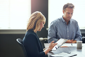 Meeting, notes and woman typing on tablet with research, app or online planner in office. Business, people and tech for writing teamwork agenda, email or project manager planning idea or reminder