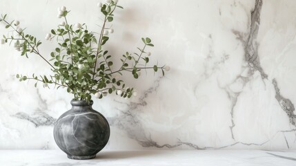 Round black vase and green plant isolated on white marble table and white marble background with copy space, apartment or kitchen interior design