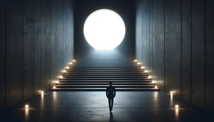 a lone silhouette of a businessman ascending a wide staircase towards a large, glowing circular portal at the top, symbolizing opportunity and future aspirations.