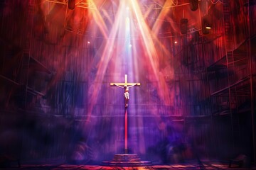 majestic christs cross aloft divine theatre of light concept illustration