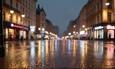 The street of the old town. Shops, signs, people going about their business, city life. An empty road. Rainy evening