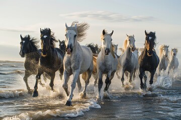 joyful image of a herd of white and brown horses running through the river, beach, sea, ocean water, dynamic angle, 