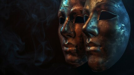 Close up of two male and female theater masks, looking old, rustic and vintage, on a dark background with copy space