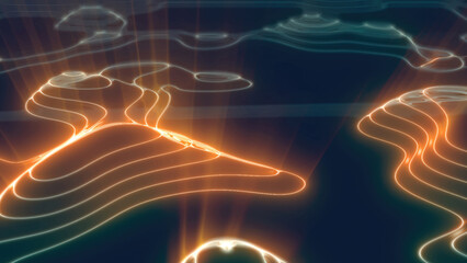 Yellow orange looped futuristic hi-tech landscape with mountains and canyons from glowing energy circles and magic lines. Abstract background