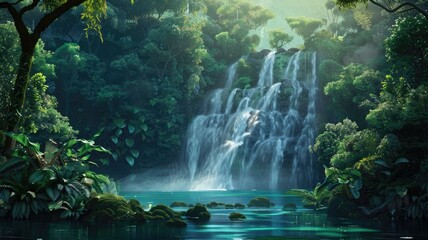 A lush forest with a waterfall - Powered by Adobe