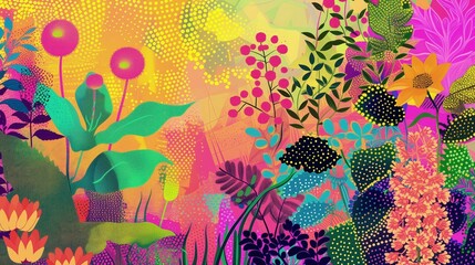Obraz przedstawia bogactwo kolorów i różnorodność roślin, w tym kwiatów, liści i pędów. Kompozycja jest zdominowana przez intensywne barwy, tworząc wrażenie płynącego ruchu i dynamizmu.