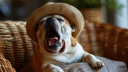 Bulldog wearing a funny hat, captured while yawning, excellent for humorous and engaging social media posts.