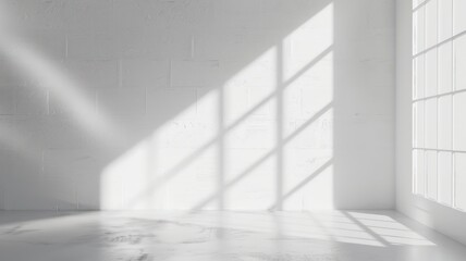 Shadow on white wall with empty table for product presentation, minimal, copy space texture background.