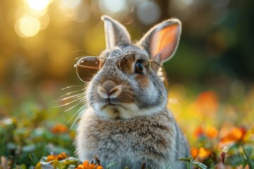 An adorable animal background of a brown rabbit wearing eyes glasses sitting on the ground in the spring season, with many falling leaves around the area.