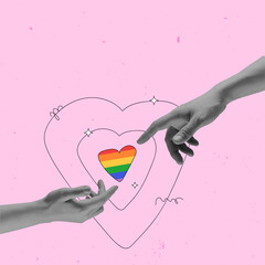 Monochrome hands reaching rainbow heart shape against pink background. Contemporary art collage. Equality of love. LGBT, equality, pride month, support, love, human rights concept