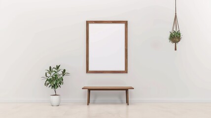 vintage horizontal picture frame with very clean lines hanging on a blank white wall --ar 16:9...