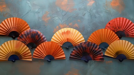 Oriental paper fans background, copy space. Japanese template