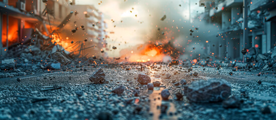 Intense scene depicting the aftermath of a bombing in a war-torn zone, with debris and fiery explosions scattering across a devastated urban landscape
