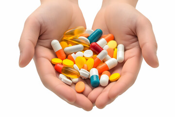 Hands holding colorful pills isolated on white background, clipping path included