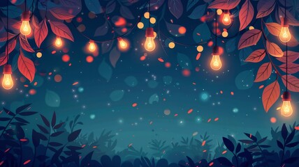 Simple flat illustration of light bulbs string on the tree with leaves. Night light bulbs nature illustration background