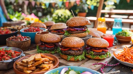 Casual backyard burger party scene, with a DIY burger station and festive decorations.