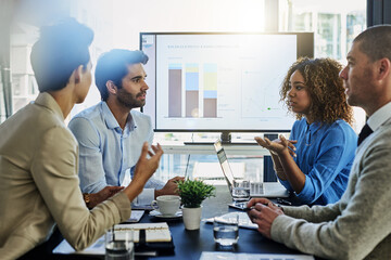 Fototapeta premium Business people, screen and discussion with team in meeting, presentation or conference at office. Group of employees with finance graph, chart or data in collaboration, company investment or revenue