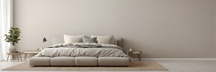 Beige bed decor and grey pillows against empty white wall background. Minimalist style home interior design of modern living room