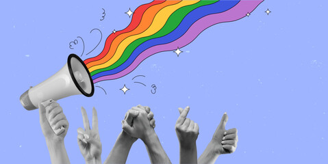 Megaphone with rainbow appearing and raised human hands showing support to LGBT community against purple background. Contemporary art collage. LGBT, equality, pride month, support, love, human rights
