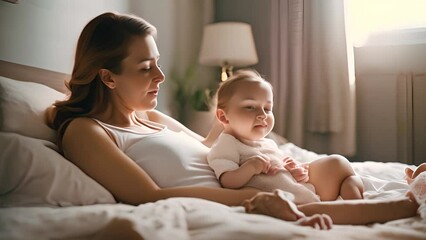 Woman Holding Baby on Bed Generative AI