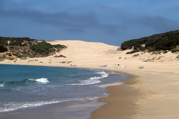 Beach and the sand dunes of Bolonia, one of Europe's largest sand dunes and protected in the Estrecho Nature Park, Spain