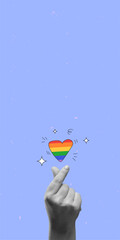 Monochrome hand showing love symbol with rainbow colors heart shape against purple background. Contemporary art collage. LGBT, equality, pride month, support, love, human rights concept