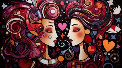 A Colorful Abstract Illustration of Two Faces in a Romantic Embrace