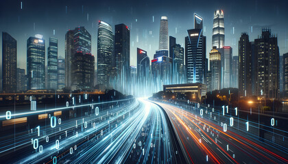 a futuristic cityscape at night with streams of digital data represented as binary code racing along a city road.