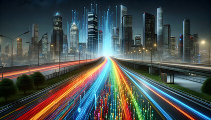 Obraz premium a futuristic cityscape at night with streams of digital data represented as binary code racing along a city road.