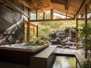 Fototapeta premium A Serene Spa Retreat with a Waterfall View in the Morning Light