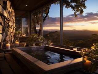 A Tranquil Bath Overlooking a Sunset in the Mountains